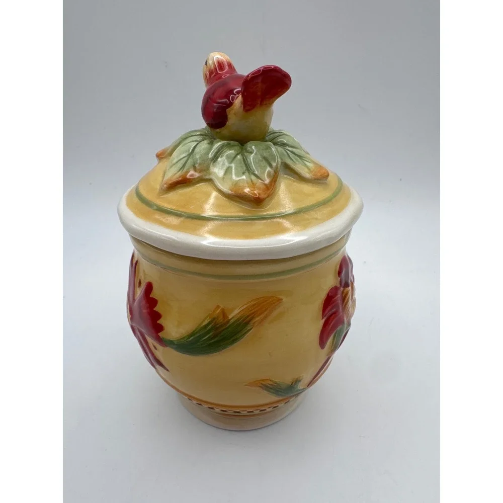 Fitz & Floyd Bellacara Sugar Bowl or Condiment Jar w Bird Lid Yellow‎ HTF